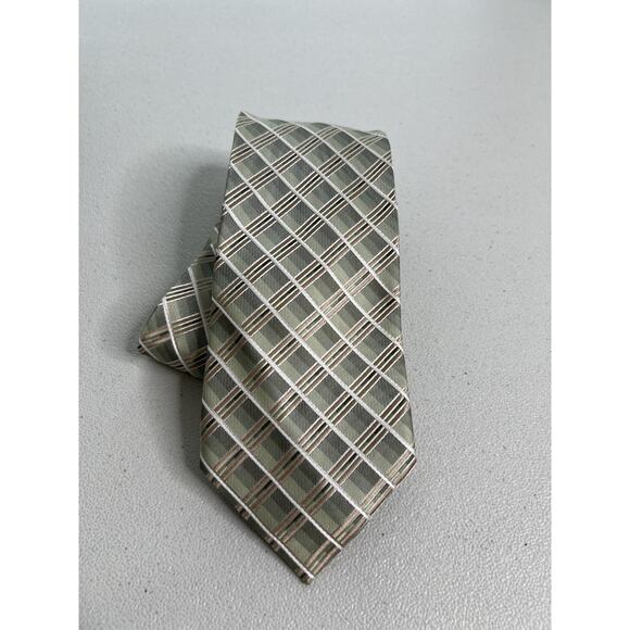 Platinum Designs Green, Tan, White Geometric Pattern Handmade Long Tie NWOT - Picture 1 of 6